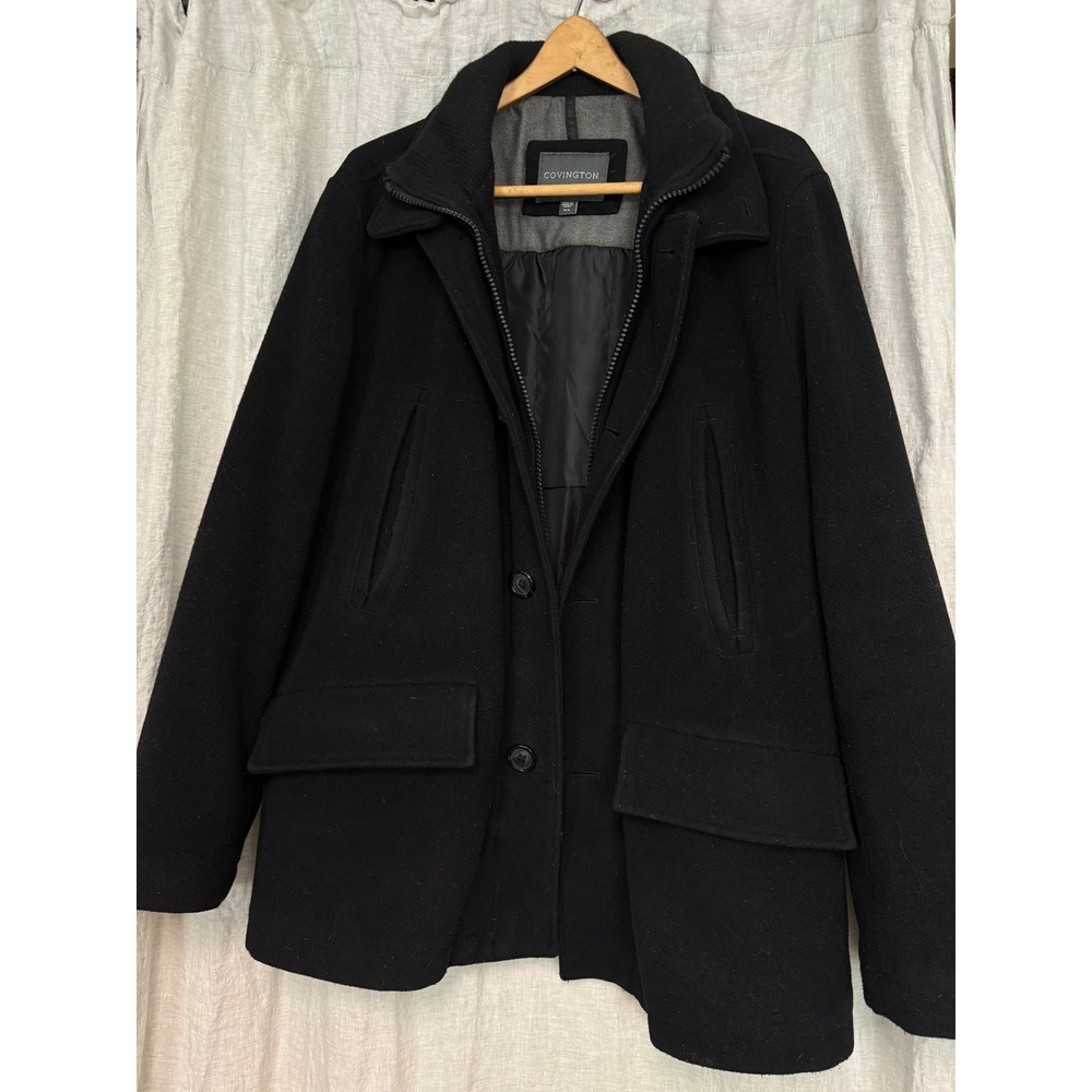 Covington Mens Black Wool Blend Car Coat Double Collar Jacket Size Medium M